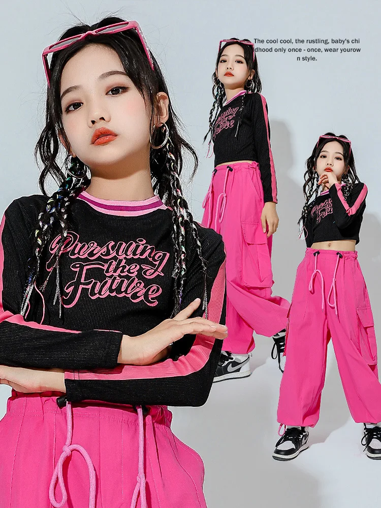 Jazz Dance Girls Costume Sets Children Printed Long Top Rose Joggers Cargo Pants Kids Hip Hop Street Performance Clothes