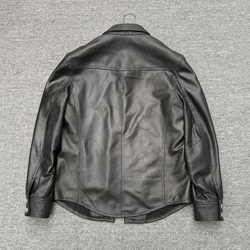 HKSH Spring Autumn New Men Tide Dark Breathable Perforated Turn-Down Collar Sheepskin Shirt Jacket Trendy Casual Ins Top HK16912