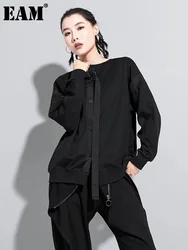 [EAM] Women Black Back Ribbon Split Joint Big Size T-shirt New Round Neck Long Sleeve  Fashion Tide  Spring Autumn 2024 1Z204