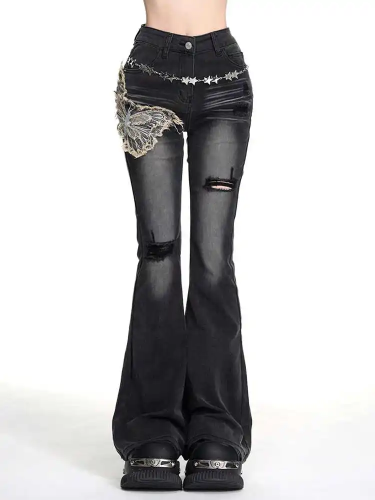 

Black Women's Jeans High Waist Hip Hop Straight Fashion Pants Streetwear Harajuku Y2K Star 2024 Female Wide Leg Denim Trouser