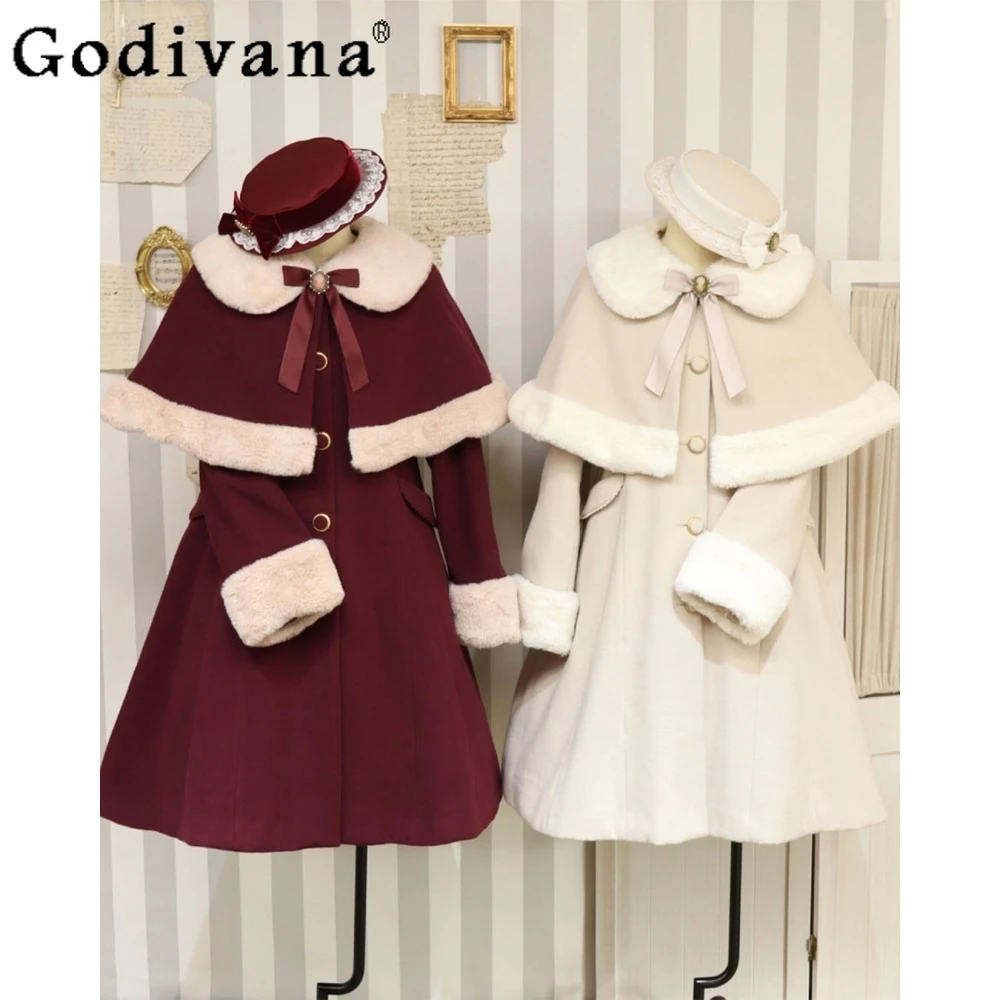 

Christmas Women's Long Lolita Overcoat Slim Elegant Fashion Single-Breasted with Cloak Woolen Coat Jackets Lady Sweet Outerwear