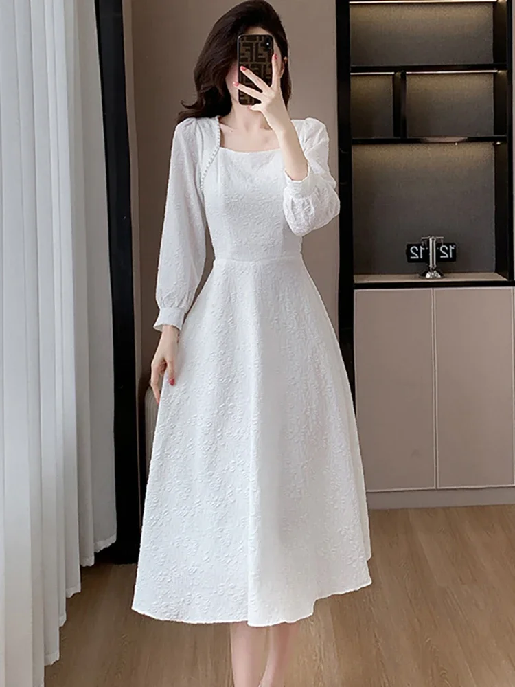 Women Pink Jacquard Diamonds Sqaure Collar Long Dress Autumn Winter Elegant Luxury Evening Dress 2025 Korean Vintage Party Dress