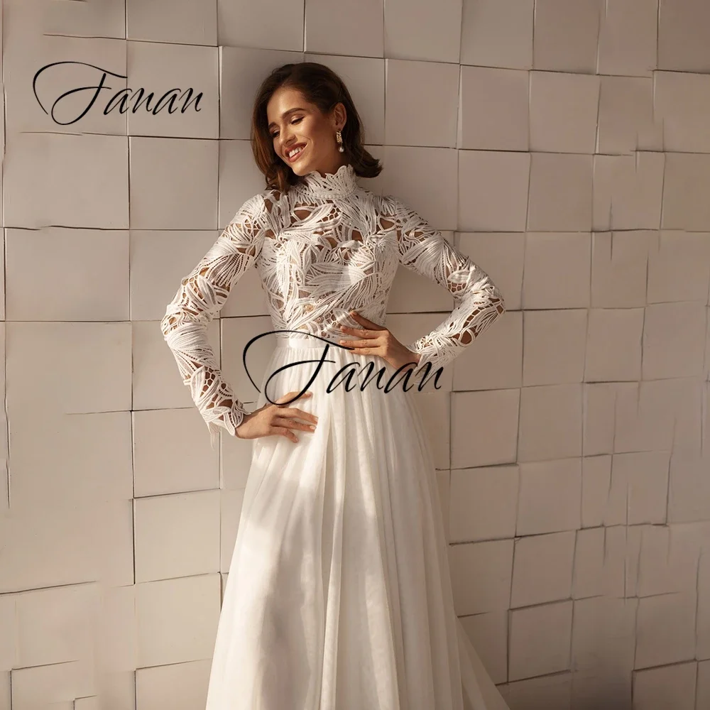 Vestido de Noiva Linha A sem Encosto com Apliques de Renda, Manga Comprida, Cabedal, até o chão, Robe de Casamento