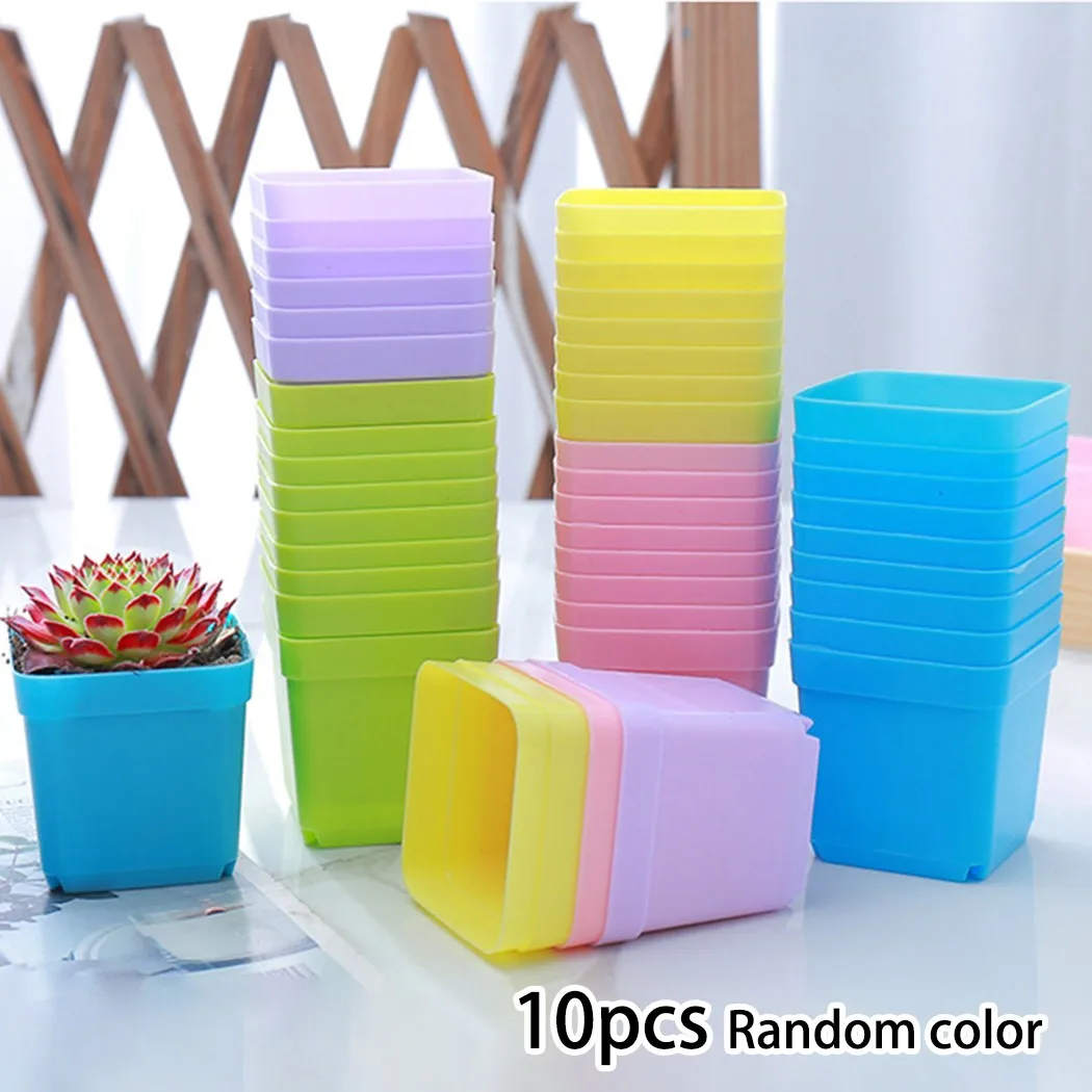 10 Pcs Mini Basin Square Flower Pot Home Office Decoration DIY Garden Supplies Succulent Plant Trays Plastic Vase Random Color