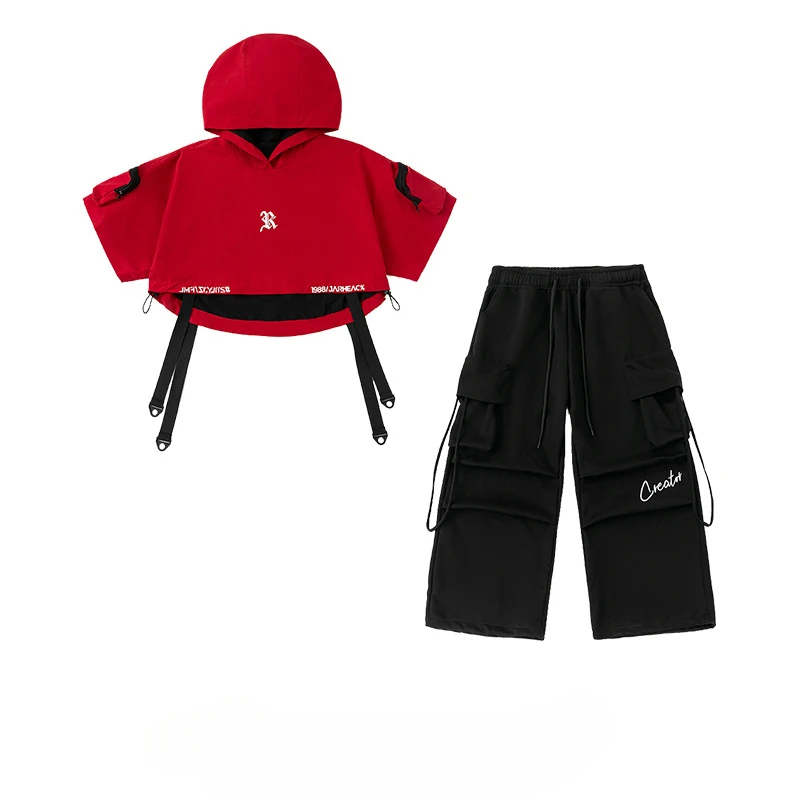 Hip Hop Street Dance Kleidung Red Crop Hoodie Print Sweatshirt Schwarze Hose für Mädchen Jungen Jazz Dance Kostüm Bühnenkleidung