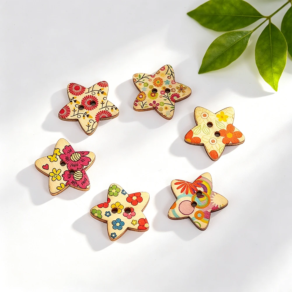 20pcs 25mm 0.4g Mixed Floral Star Wood Buttons 2 Holes For DIY Sewing Crafts Scrapbook Clothes Bags Decor Gift For Kids Adults