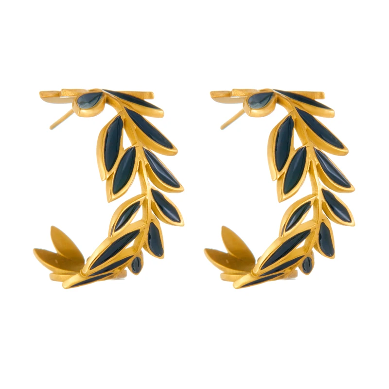 DIEYURO 316L Stainless Steel Black Drip Oil Leaf Circle Earrings For Women 2024 Fashion New Current Ear Jewelry Lady Gift Party image 5