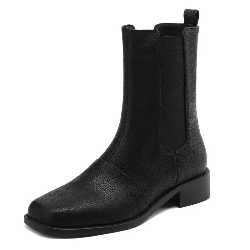 

2024 Genuine Leather Women Mid-calf Boots Autumn Winter Thick Low Heels Pumps Party Basic Shoes Woman Large Size 34-42