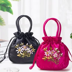 Small Women Bucket Bag Top Handle Ladies Handbag Phone Bag Summer Purse National Style Embroidered Flower Pattern Drawstring Bag