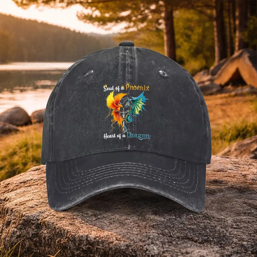 Unisex Washed Duckbill Baseball Cap with Phoenix Dragon Sword Print - Lightweight Suitable for Golf, Casual Wear, Outdoor & Dail