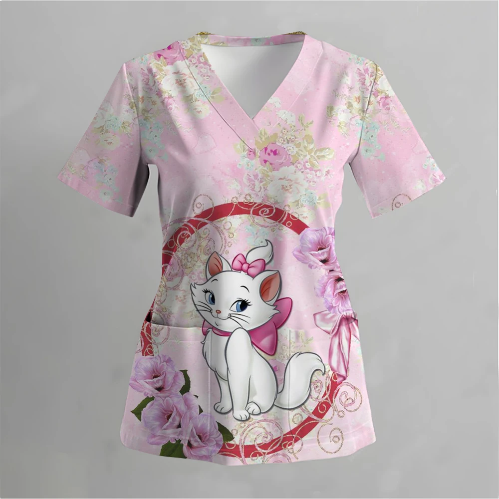 2024 Summer Disney Pet Mary Cat Pink Printed Matte Top Pet Shop Medical Uniform Nurse V-neck Shirt Women's Nurse Top