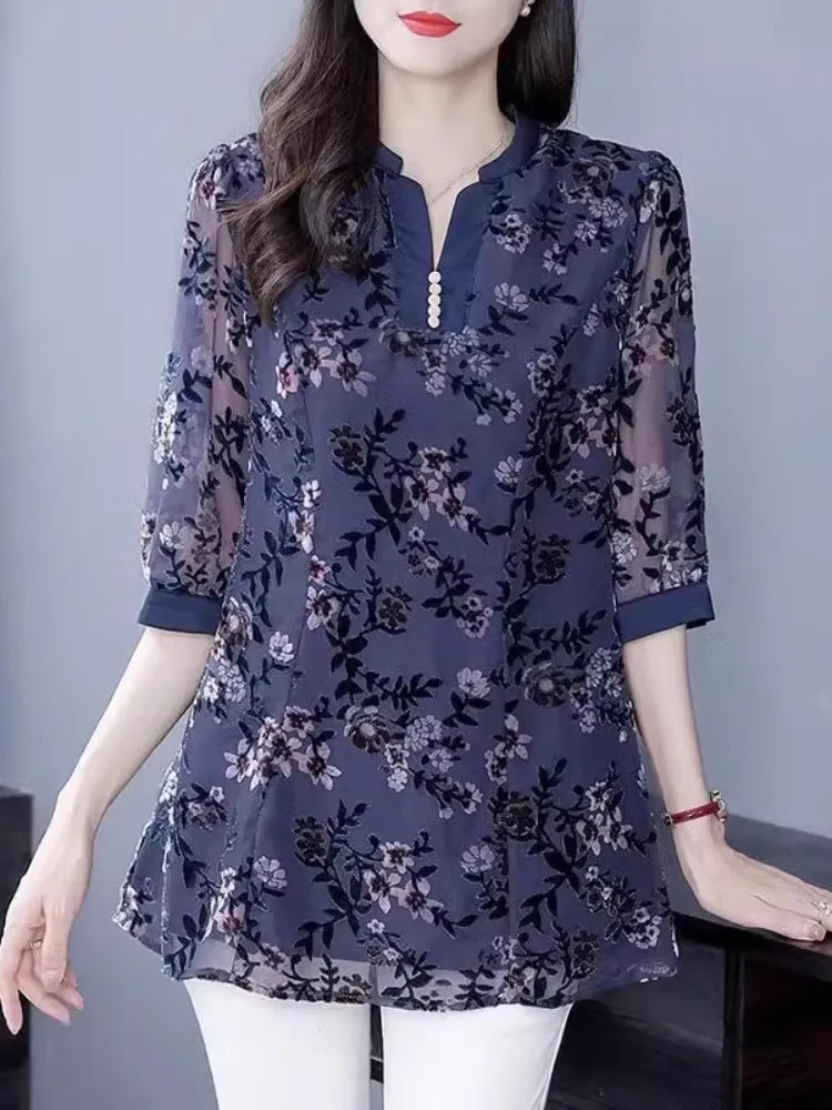 

Ele V-Ne Chiffon irt Loose Fit plus Size Women's Top Belly Concealing Busin Casual Mid-Length Floral Print