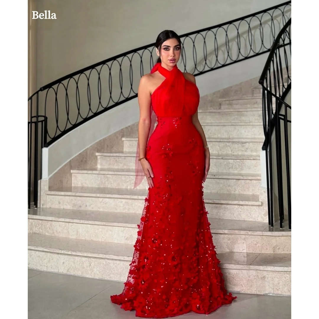 

Bella Индивидуальные красные халаты с бретелькой на шее и крест-накрест, вечерние платья с 3D цветами и открытой спиной, платье для выпускного вечера длиной до пола, 2025 г.