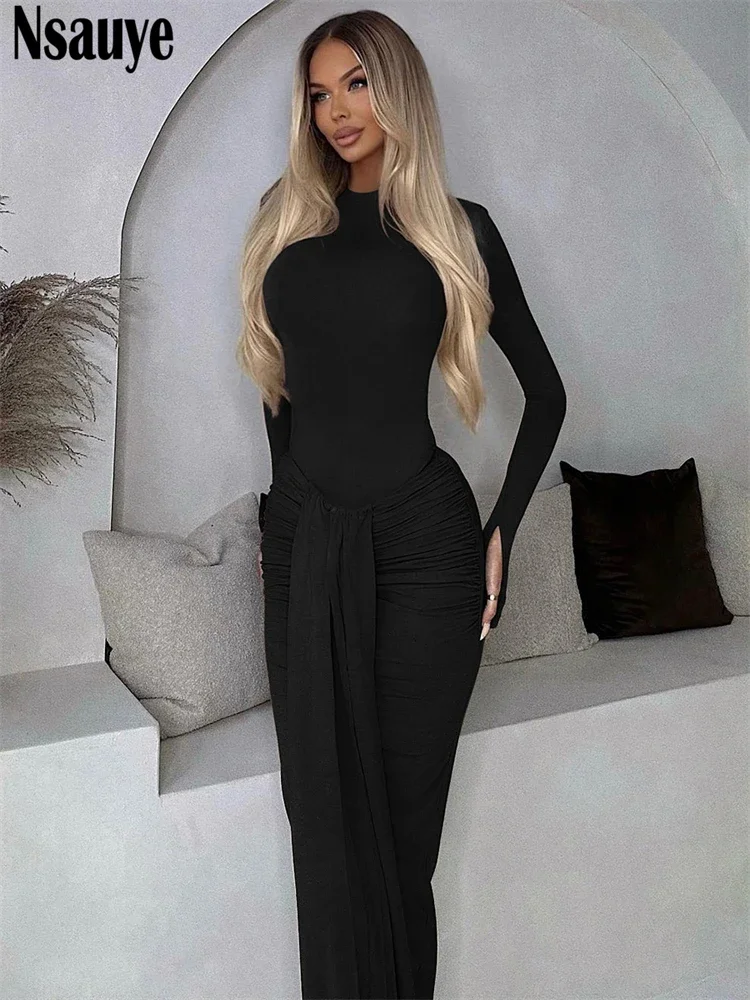 Nsauye Casual Winter Dress Women Sexy Bandage Chic Fashion Ruched High Waisted Long Sleeve Wrap Night Club Elegant Party Dress