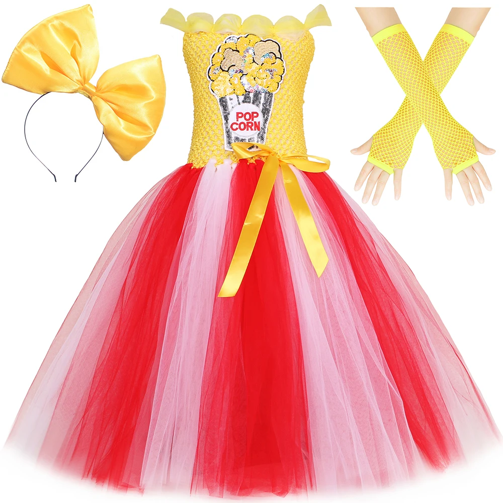 Circus Popcorn Costume Girls Christmas Carnival Party Tutu Dress Set Food Pop Corn Cosplay Kids Halloween Fancy Dress Up Clothes