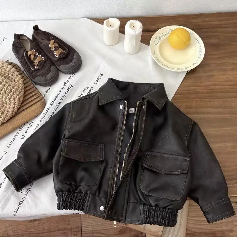 

Children's Retro Hong Kong Style Leather Jacket Children's Autumn and Winter Stylish Classic Jacket Boys Baby Top