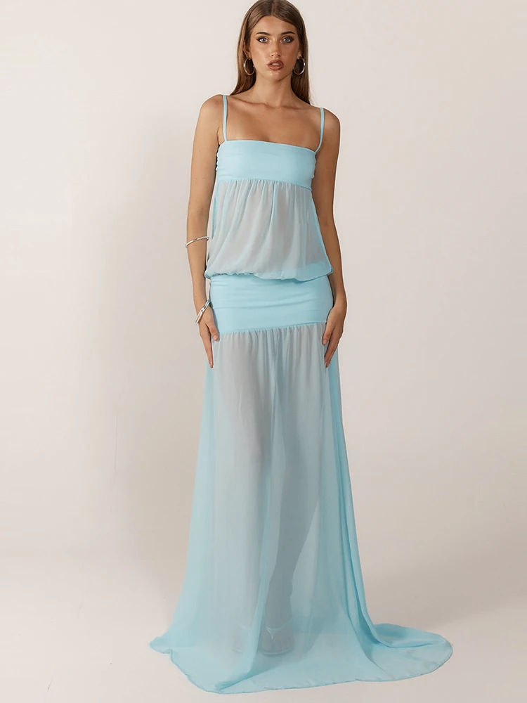 Oniflyme 스파게티 스트랩 쉬어 맥시 드레스 여성 가운 패치 워크 민소매 백리스 이브닝 파티 드레스 streetwear sexy vestido