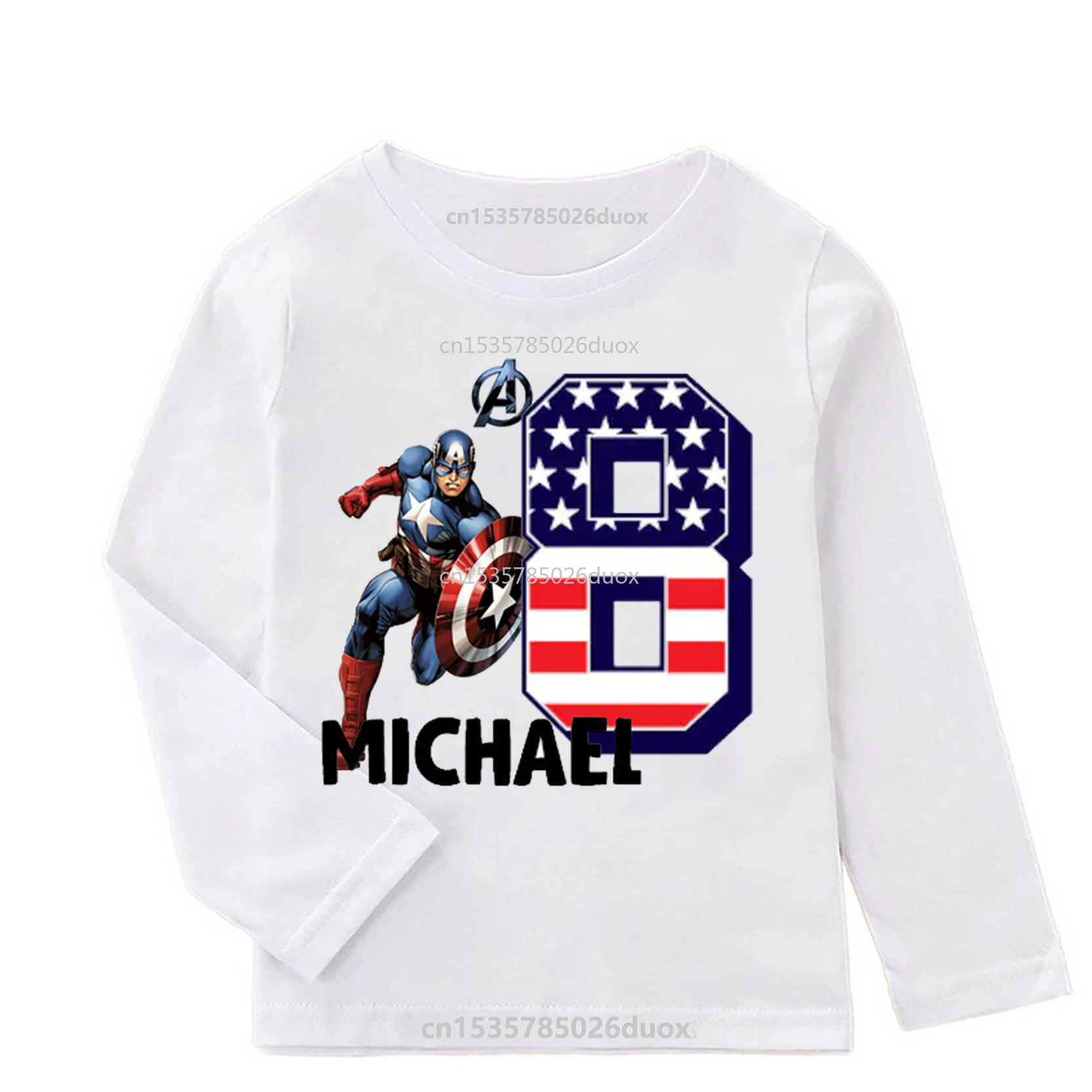 Kid New Autumn 2024 MARVEL Birthday Boy Long Sleeve T-Shirt 3 4 5 6 7 8 9 Captain America Customized Name Birthday Girls Clothes