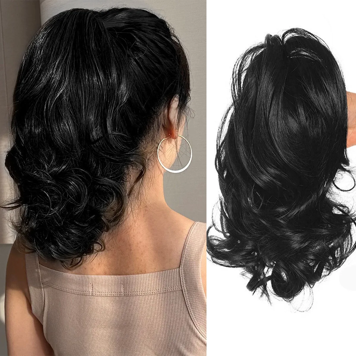 Short Curly Hair Clip-On Ponytail Wig, Made of High-Temperature Fiber for Women, with Natural Wavy Hair Pieces, Suitable for Daily Use, Parties, Travel, and Dates. Multiple Color Options, the First Choice for Gift Giving.