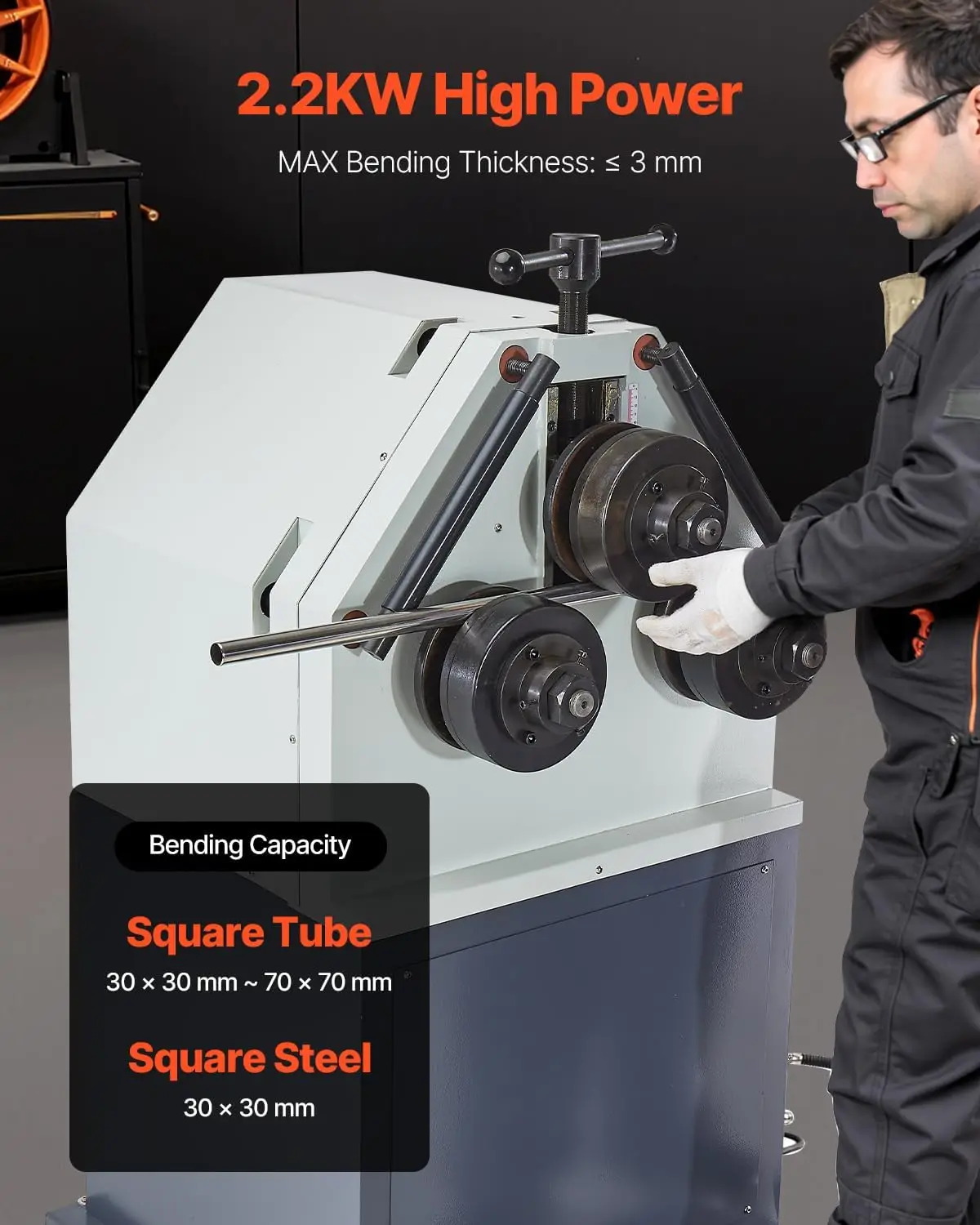 2.2KW Electric Roll Bending Machine, 3-Roller Electric Pipe Bender Machine with 180° Maximum Bending Angle & Reversible Foot Swi