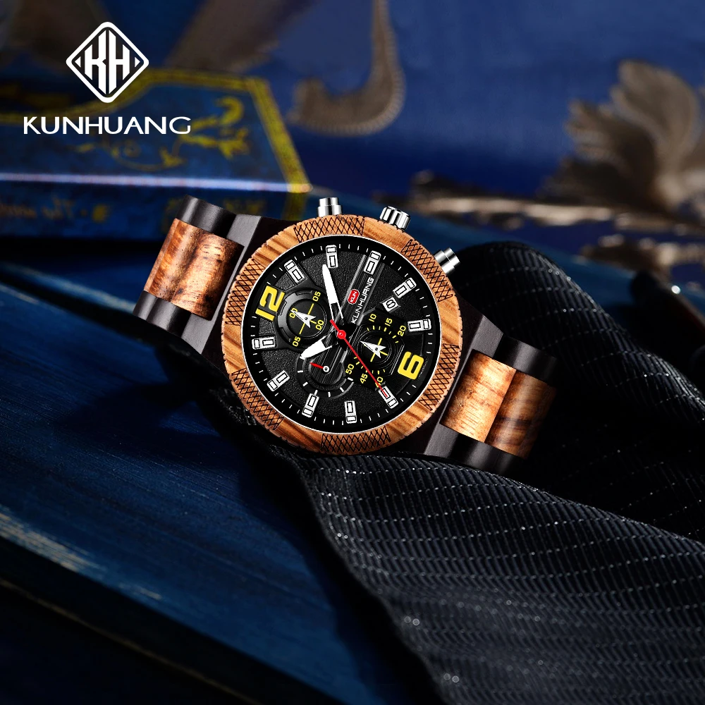 KUNHUANG Luxury Wood Stainless Steel Men Watch Stylish Wooden Timepieces Chronograph Quartz Watches relogio masculino Gift Man