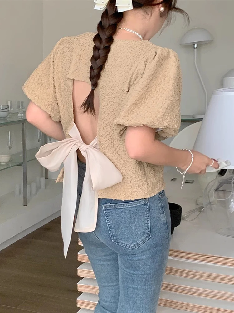 

Chic Summer New Small Design Bal Knot ort Bubble Sve irt Women's Textured Korean Sle Loose Fit Polyes...