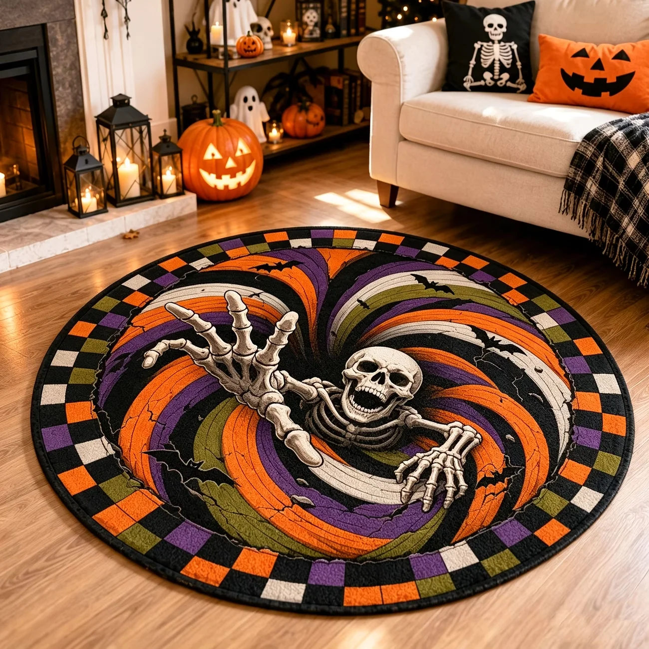 keleton Swirl Hole Round Rug Home Decor Guestroom Reading Nook Playhouse Club Game Area Rug Basement Indoor 2D Print Mat