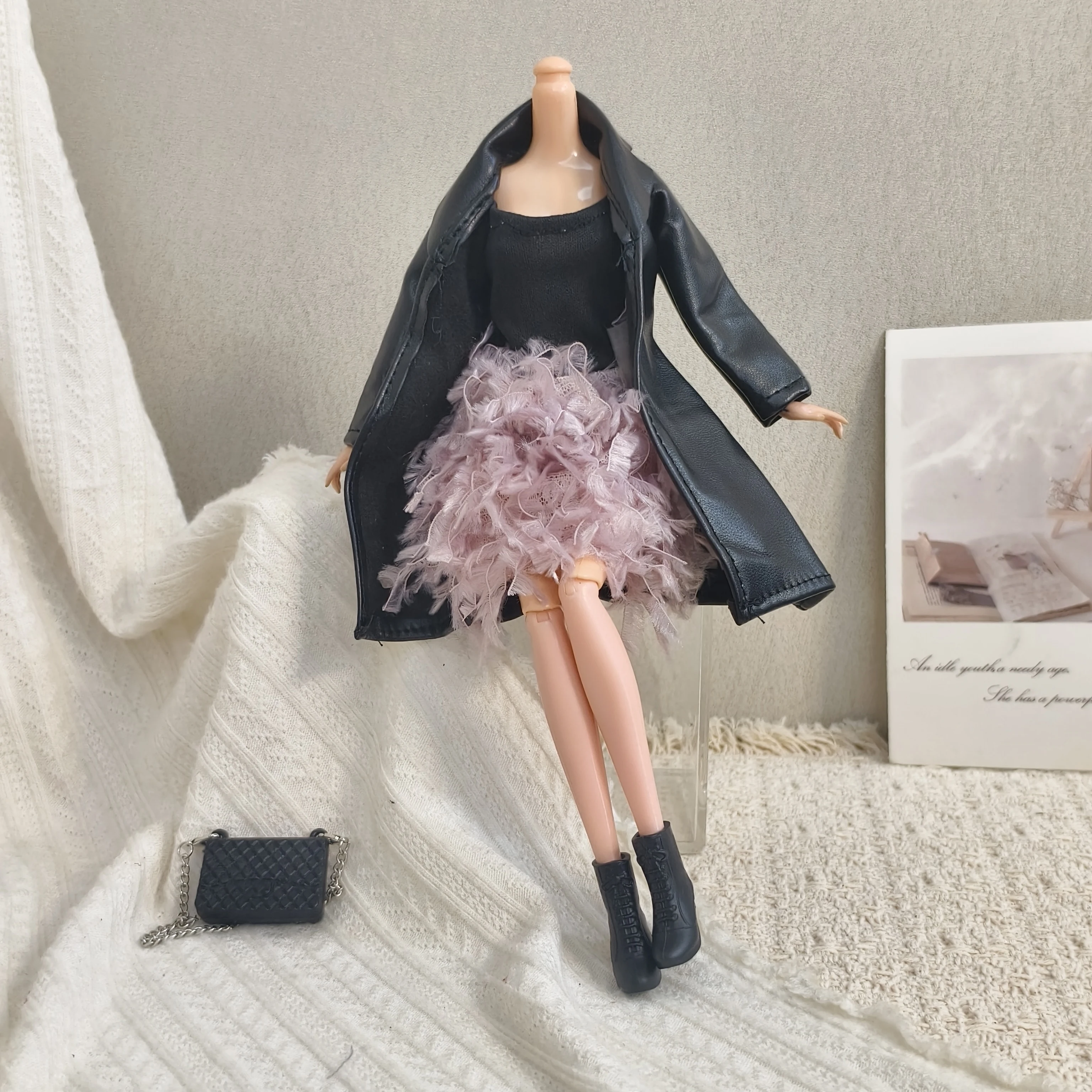1/6 Doll Clothes Accessories Fashion Cool Black Leather Jacket+Off-the-shoulder Feather Dress+Boot For 30cm Babi Supermodel Doll