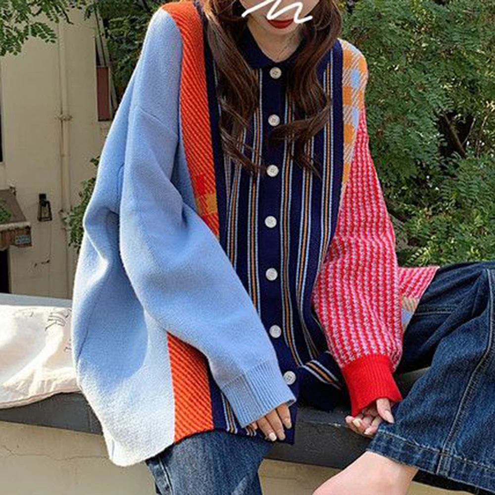 

Contrast color lapel knitted cardigan top design sweater jacket men and women spring autumn and winter loose