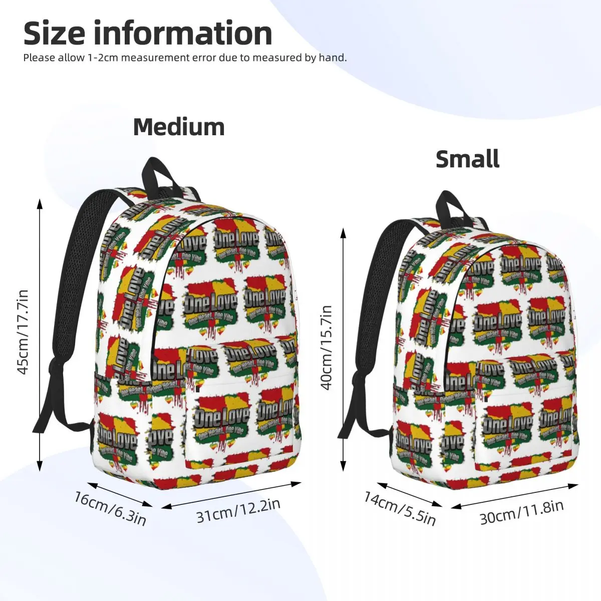 One Love One Heart One Vibe Reggae Rasta Jamaican Backpack Daypack Large Capacity BookBag School Bag Shoulder Bags for Boy Girl