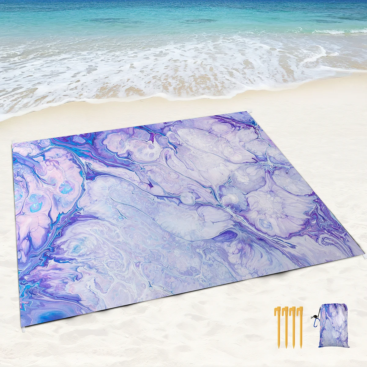 Beach Blanket Waterproof Sandproof,Blue Marble Black Picnic Rugs with Sand Pockets and Stakes,Marbling Outdoor Pad for Seaside