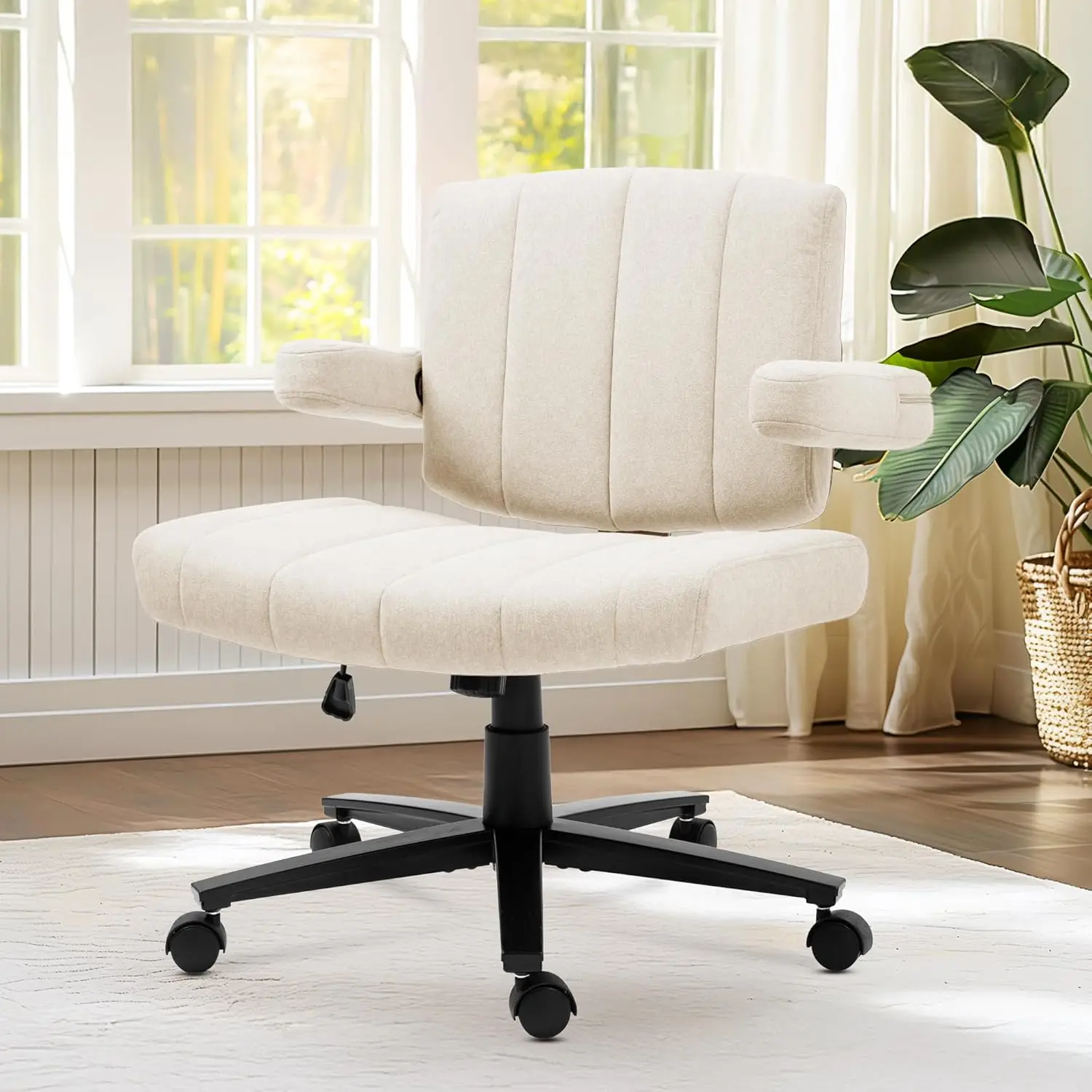 

Vigosit Criss Cross Chair with Wheels – Comfortable Vanity Chair, Wide Rolling Cross Legged Office Chairs with Arms, Adjustable Desk Chairs Comfy for Home Office, Swivel Task (White)