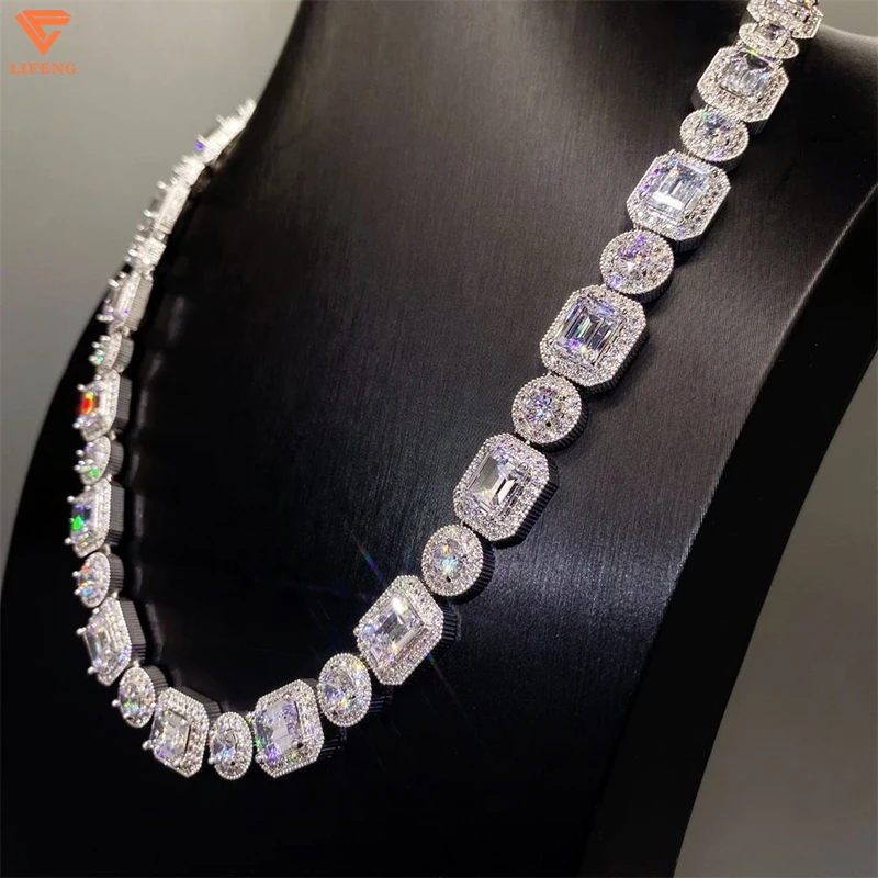 2024 new design luxury fashion jewelry 8mm micro pave 925 Silver moissanite round rectangle hiphop tennis chain women necklaces