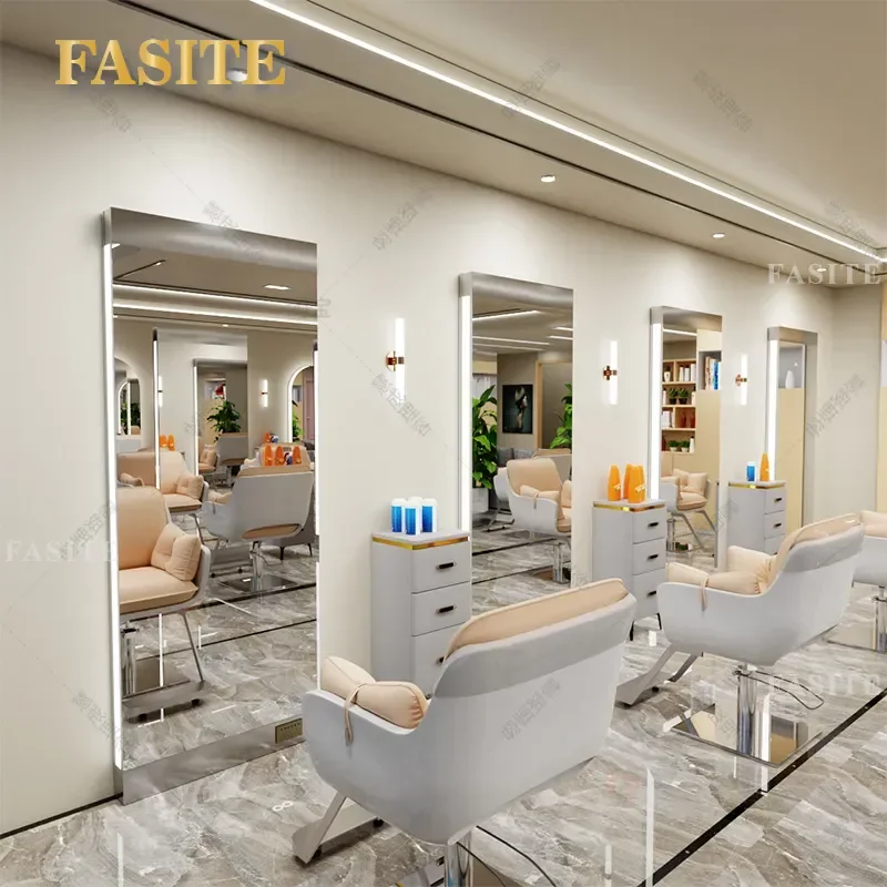 For Hair Barber Shop Floor to Ceiling Full Body Mirror Table with Lamp Stainless Steel Double Sided Perm Dyeing Station