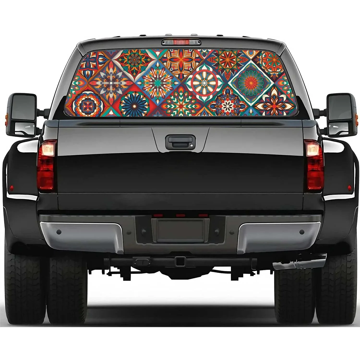 Colorful Ethnic Tiles Pattern Rear Window Decal Fit Pickup,Truck,Car Universal See Through Perforated Back Windows Vinyl Sticker