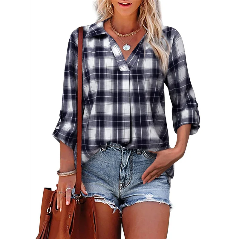 

Women's Fall Collage Pullover Long Sleeve V-Neck Loose Blouse