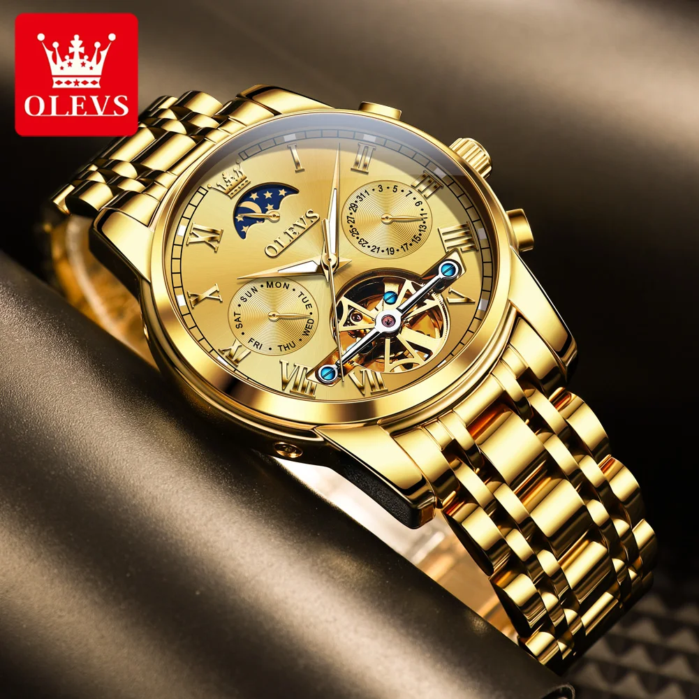 

Мужские автоматические часы OLEVS Moon Phase, роскошные механические наручные часы-скелетон с маховиком, оригинальные брендовые мужские часы 6617