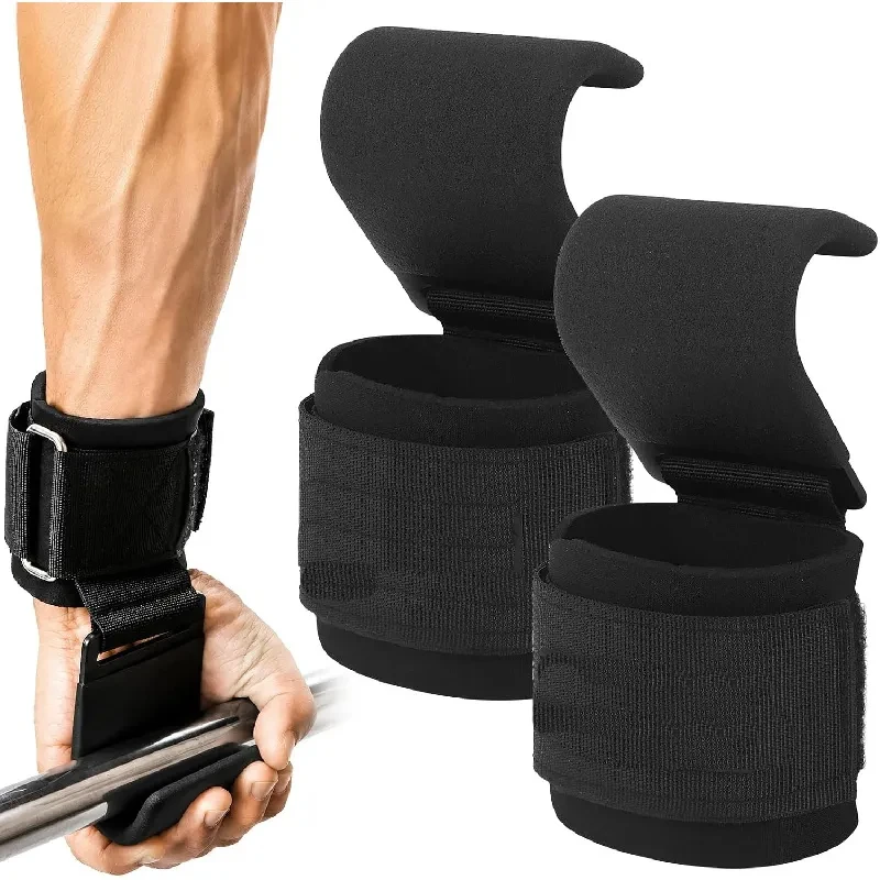 Weight Lifting Hooks (Pair) for Men & Women, Deadlifts & Pull Ups | Heavy-Duty Anti-Slip Steel Hooks, Adjustable Padded Wrist