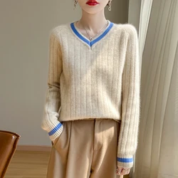 Fashionable All-Match V-neck Women's Woolen Sweater Loose Slimming Strip Design 100% Pure Wool Comfortable Warm Pullover