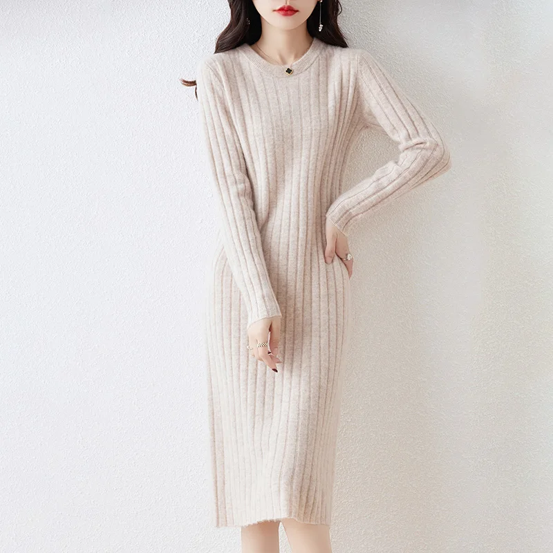 100% Pure Wool Knit Dress Women\'s Autumn And Winter Slim Knee-Length Dress Sweater Skirt With Bottoming Skirt