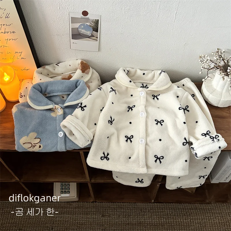 Children Comfortable Home Suits Kids Casual Long Sleeve Top+Pants 2Pc Outfits Boys Girls Cute Print Polar Fleece Soft Clothes