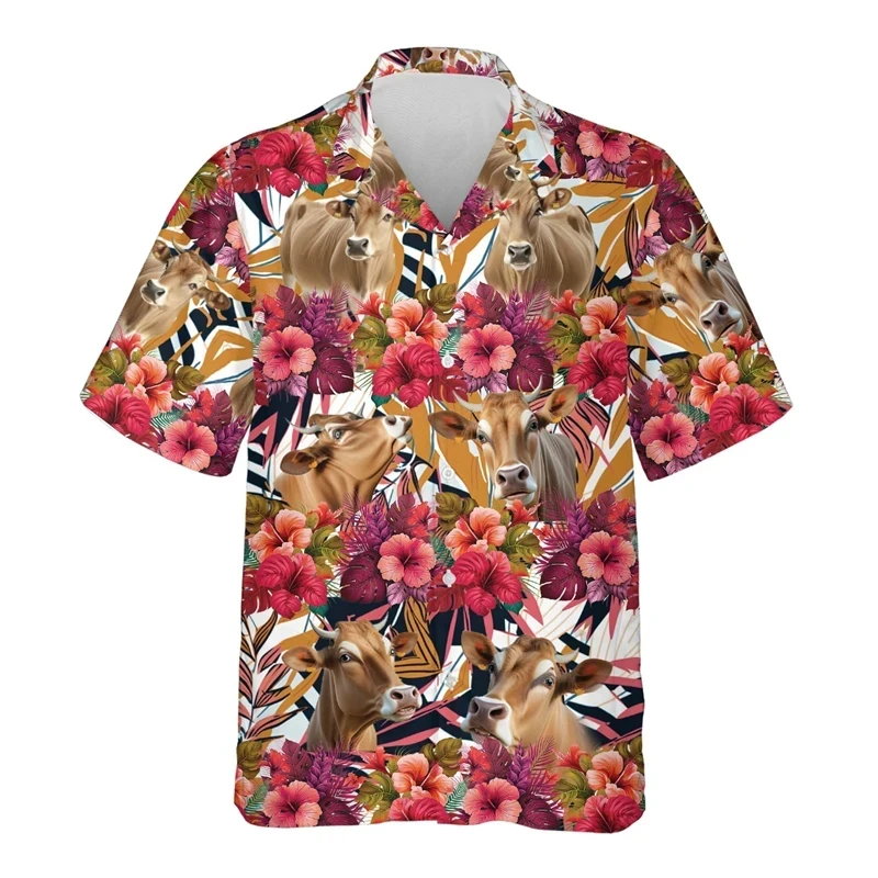 

Brownswiss Cow 3D Print Men's Shirts Clothes Hawaiian Animal Cattle Graphic Beach Shirt Funny Swiss Cow Head Blouses Boy Tops