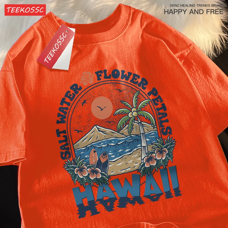 Salt Water Flower Petals Hawaii Clothes Men Women Harajuku Summer Tshirt Cartoon Cotton T-Shirt Fashion Breathable Couple Tops
