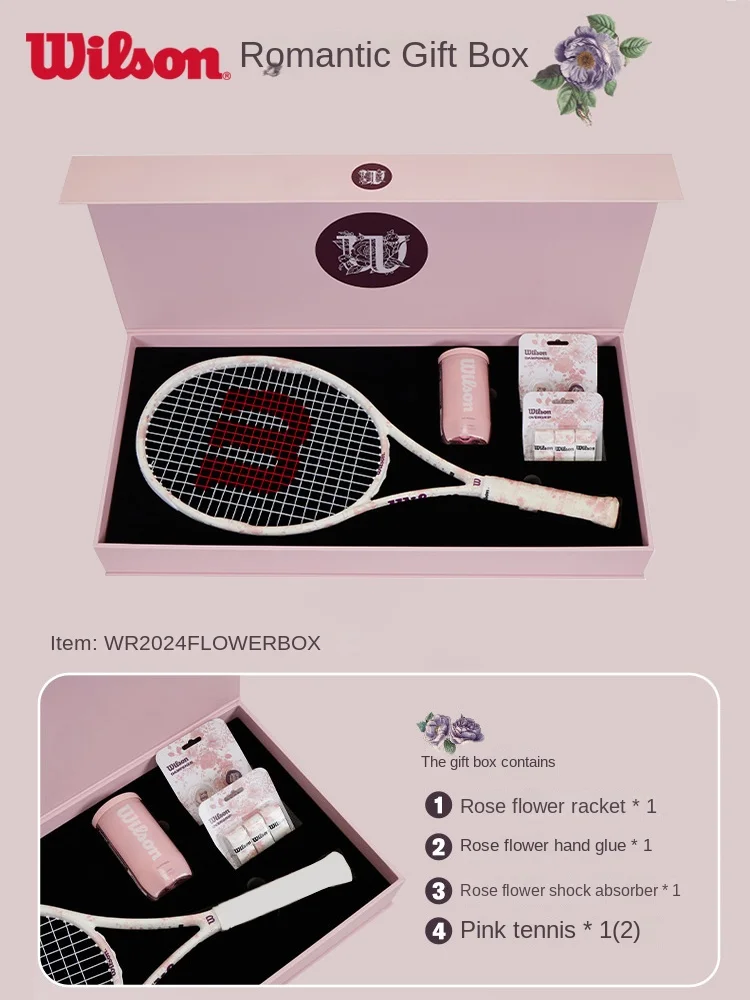 Wilson 2024 New Floral Pink Tennis Racket for Girls Beginner Full Carbon Racket Adult Advanced Racket