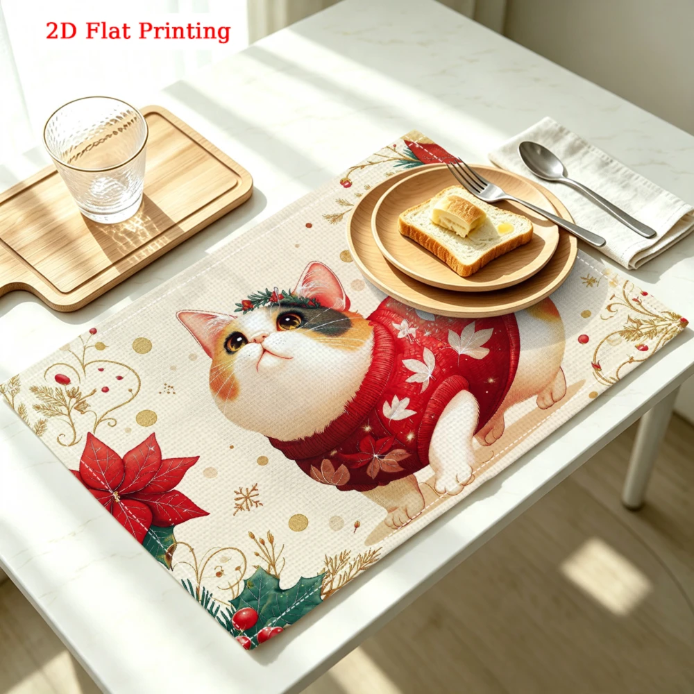 Cute Cat In Red Sweater Kitchen Placemat Coaster Linen Pad Dish Coffee Cup Table Mat 30x40cm Home Decor