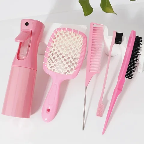 5pcs Hair Tool Set Air Cushion Hollow Comb Scalp Massage Rat Tail Comb Teasing Comb Edge Control Brush Hair Spray Bottle Salon