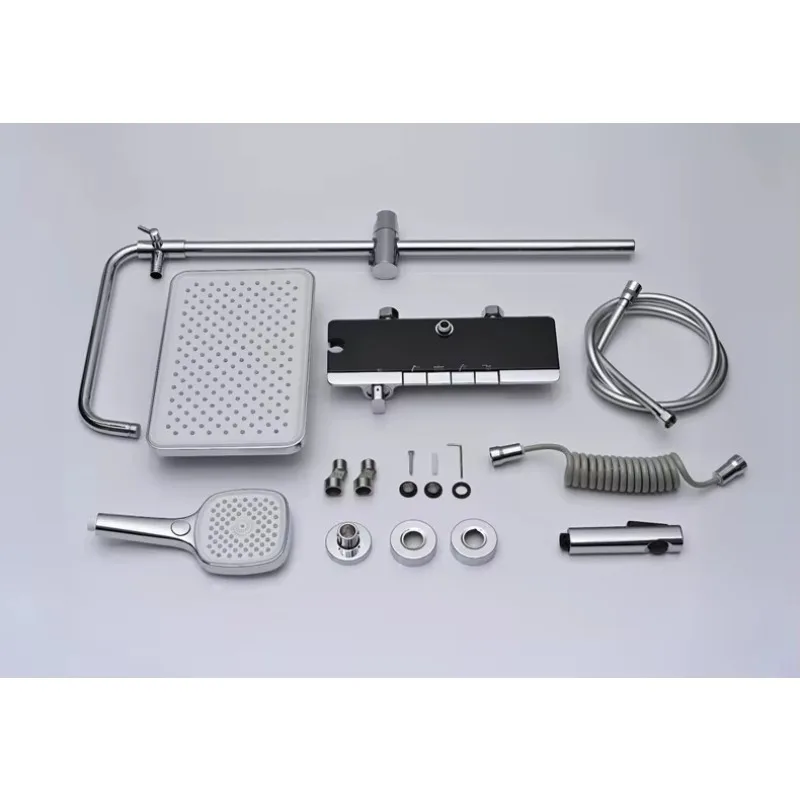 Cabezal de ducha, bañera, Piano de cobre negro y gris, juego de ducha Digital, 4 funciones, sistema mezclador de ducha termostático de agua de lluvia