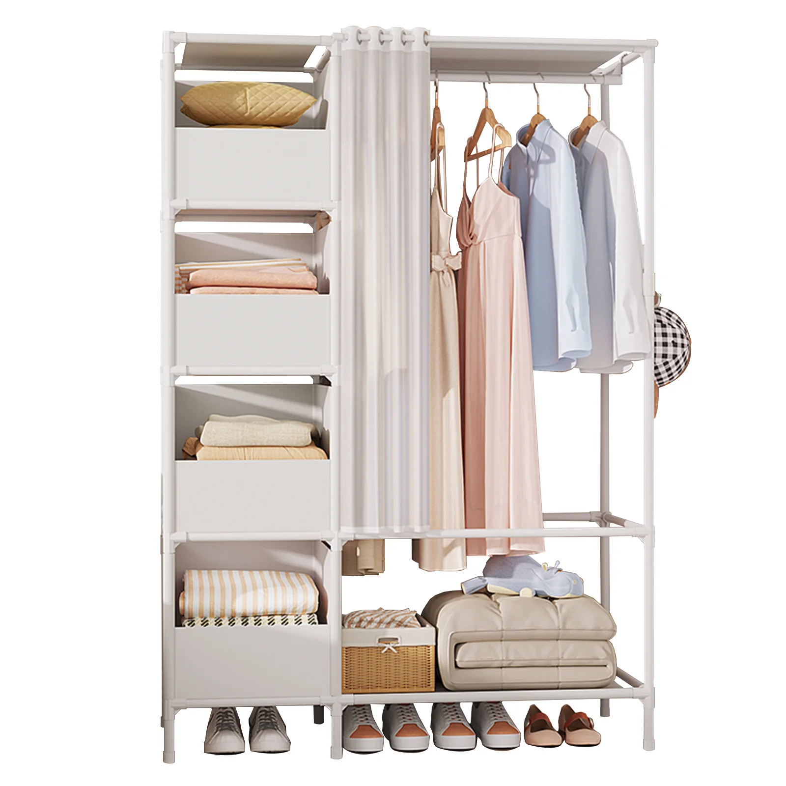 Portable Closet Wardrobe Non-Woven Fabric Organizer Dustproof Heavy-Duty Storage Rack Freestanding 4 Storage Drawers and Curtain