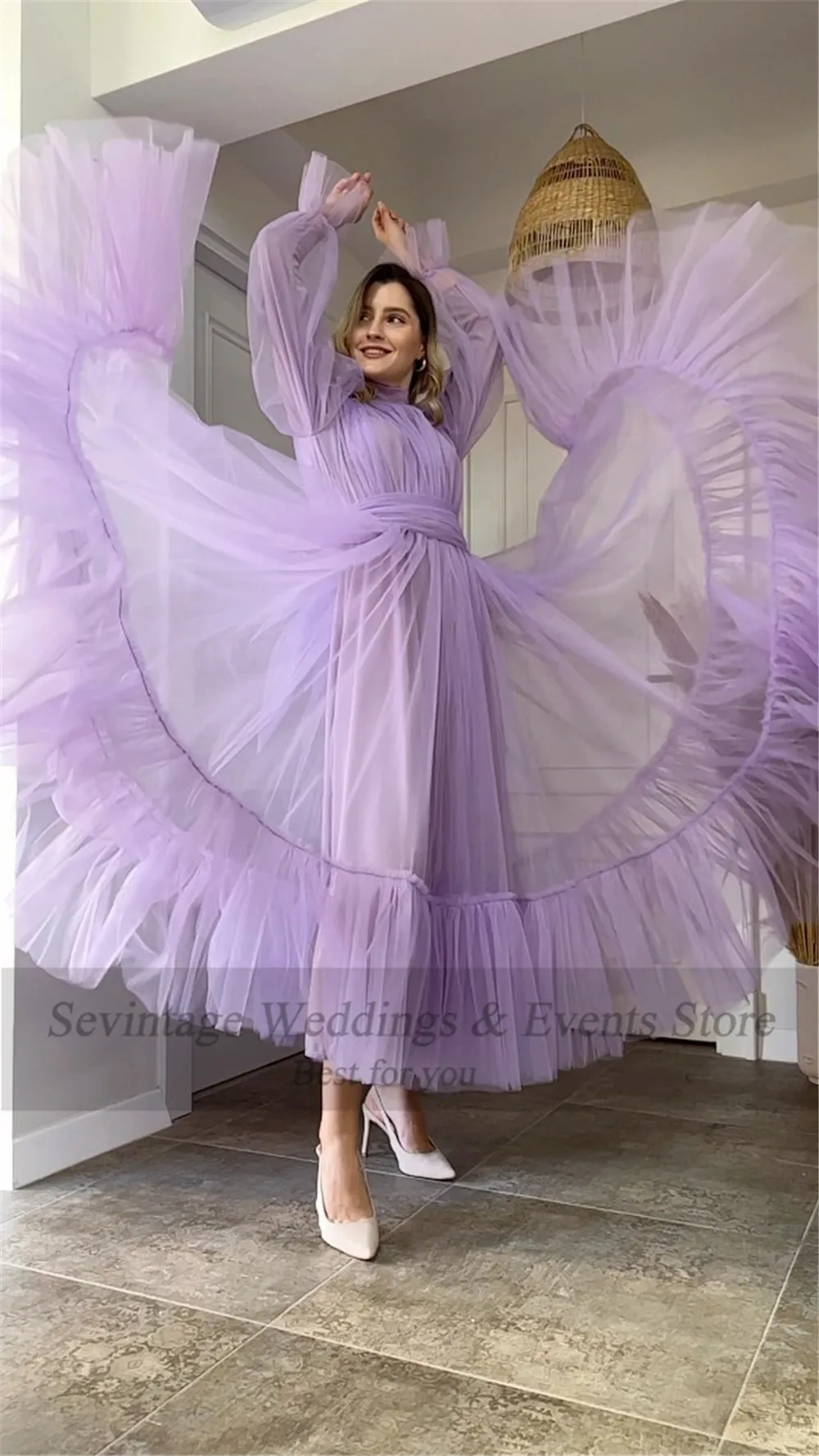 Customized Lilac Lined Long Sleeves Party Dresses A Line  Ankle Length Midi Prom Gowns Tiered Skirt Formal Women Evneing Dress