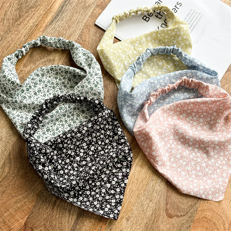 Small Daisy Floral Fabric Triangular Bandage Chiffon Elastic Headband Sweet Elegant HeadScarf Women Girls Hair Style Accessories